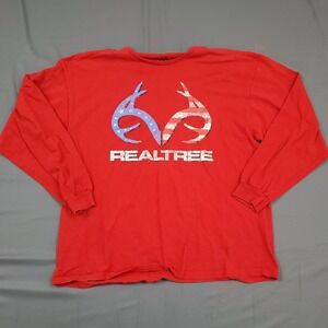 Realtree Mens 2XL Red Long Sleeve T-Shirt‎ American Flag Antler Graphic Cotton